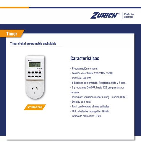 Timer Digital Programable Temporizador Enchufable Zurich Xtim03205 ...
