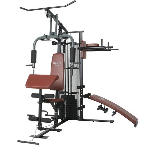 Multigimnasio Multigym Body Doble Estacion Homegym Gris Con Tapizado Marron Mini Gimnasio
